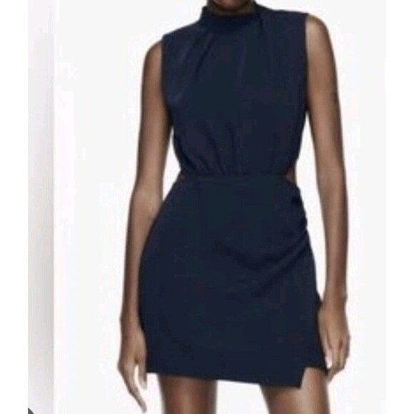 Nwt Zara Women's High Neck Solid Blue Side Cut Out Flux Skirt Romper Small - Picture 8 of 8
